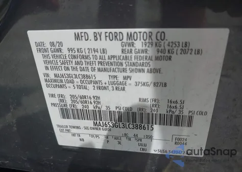 2020 Ford Ecosport Se из США, поврежденный, VIN MAJ6S3GL3LC388615